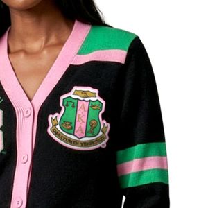 Suéter Cárdigan de Lana Negro con Ribete Rosa y Verde, Chaqueta de Punto con Botones y Escudo Bordado, Moda Femenina - Product Image 3
