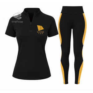 NCBW <b>Women's</b> Workout Set <b>Quarter</b> <b>Zip</b> Top Short Sleeve High Waist Leggings With Contrast Golden Stripe Sports Activewear Set - Product Image 1