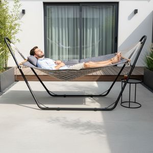 Hamac double avec support, hamac en coton robuste et réglable pour patio, cour, jardin - Product Image 1