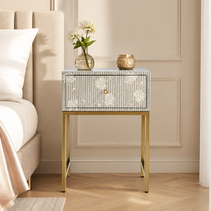 Modern Floral Pattern Nightstand Mirrored <b>Side</b> <b>Table</b> Bedside Cabinet Metal Frame <b>Drawer</b> Storage for Bedroom - Product Image 1