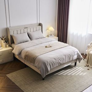 Full-Size Velvet Upholstered Platform Bed with Charging Station Storage Shelf Vertical Channel Tufted Wingback Bed Frame - Product Image 2