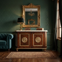 Buffet ancien français néoclassique en bois avec plateau en marbre, accents en laiton doré ornementé, armoire à 2 portes, meuble de salon et de salle à manger