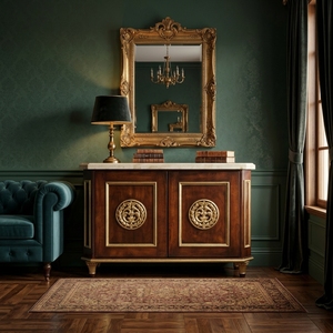 Aparador de Madera Neoclásico Francés Antiguo con Tapa de Mármol, Detalles en Latón Dorado y Ormolu, Mueble de 2 Puertas para Sala de Estar o Comedor - Product Image 2