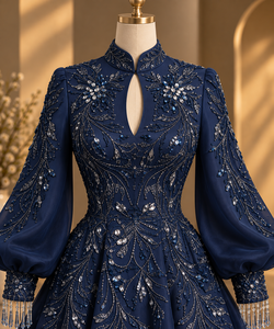 Robe de soirée bleu nuit à col montant et manches classiques, ornée de cristaux et de pompons, en satin moderne, idéale pour les événements formels - Product Image 2