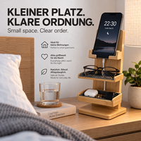 Organisateur de chevet vertical compact en bambou, moderne, luxueux et écologique, support réglable pour téléphone et lunettes, idéal pour les petits espaces