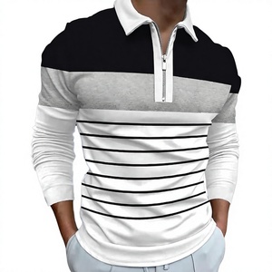 Polo à manches longues en tricot pour homme, à blocs de couleur, rayé, avec fermeture éclair, haut décontracté - Product Image 1