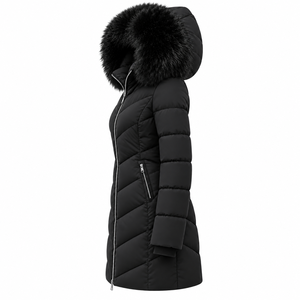 Veste d'hiver unisexe longue à capuche matelassée avec empiècements en toile, bordure en fourrure, fermeture éclair, coupe-vent, épaisse et ajustée - Product Image 4