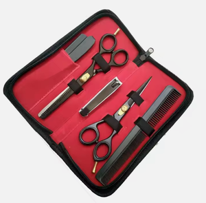Kit de ciseaux à effiler de qualité supérieure couleur argent 6 pièces, magnifiques kits de barbier avec étui en cuir à fermeture éclair - Product Image 4