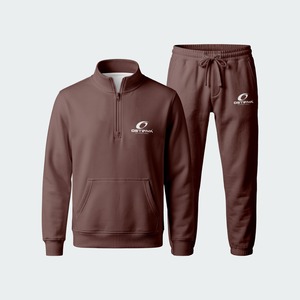 <b>White</b> <b>Quarter</b>-<b>Zip</b> Tracksuit Full Sleeve Solid Color Casual Sportswear with Drawstring Pants and Front Pockets - Product Image 6