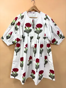 Bohemian Floral Block Print Cotton Midi <b>Dress</b> with Tie Neck and Puff Sleeves <b>Loose</b> Fit Asymmetrical Hem Summer Casual <b>Dress</b> - Product Image 1