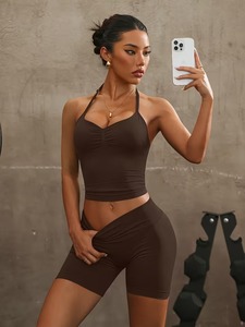 Womens 2 Pcs Yoga Suit Ruched <b>Halter</b> Cami <b>Bra</b> Tank and Cross Front Compression Shorts Set Seamless Gym Fitness Workout Outfits - Product Image 6