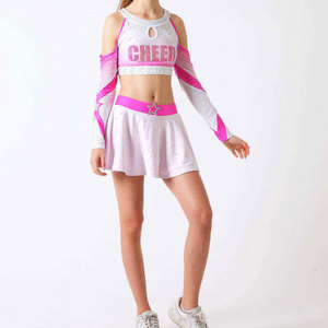 Uniformes de cheerleading rose et blanc entièrement personnalisés, de haute qualité, avec tailles et logos sur mesure, coupe confortable. - Product Image 1