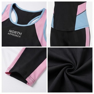 North Approach 2 Piece Yoga Set Black Pink Blue Contrast Color Blocking Racerback Tank <b>Top</b> Full Length Leggings <b>Sweat</b> Wicking - Product Image 4