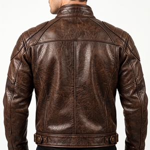 Chaqueta de cuero marrón para hombre, estilo vintage, con cuello alto, cierre de cremallera, estilo motero, corte ajustado. - Product Image 2