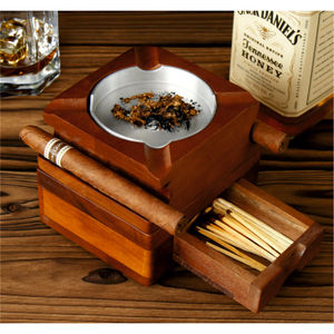 Luxury Wooden Cigar Ashtray <b>Set</b> with Storage Drawer Stainless Steel Metal Liner <b>Square</b> Vintage Wood Ashtray Box Wholesale Tray - Product Image 1