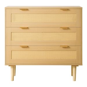 Commode moderne à 3 tiroirs en rotin pour chambre de style farmhouse, commode en rotin naturel avec poignées métalliques et pieds en bois - Product Image 2