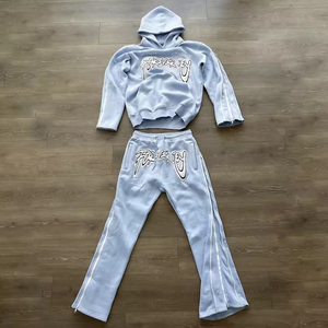 Ensemble de survêtement en molleton bleu clair pour homme, sweat-shirt à capuche et pantalon de jogging, deux pièces, vêtements de sport d'hiver - Product Image 3