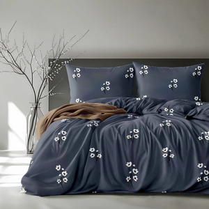 Drap de lit Royal Home IBIZA bleu marine à imprimé floral minimaliste |   Literie de luxe au design Khadi |   Drap de lit king size en coton glacé épais | 2026 - Product Image 1