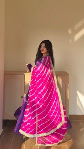 Traditional <b>Indian</b> Pakistani Women's Purple Floral <b>Kurta</b> Set With Pink Dupatta Floor-Length Loose Fit Wedding Wear - Product Image 2