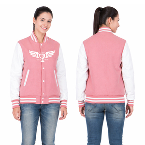 Womens Varsity <b>Jacket</b> Pink & White Classic Letterman Baseball <b>Jacket</b> Button Up Casual College Style Outerwear - Product Image 1