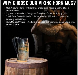 Mug en corne de Viking avec poignée ergonomique, base plate stable, motif uni, fait main, classique, pour les fêtes - Product Image 2