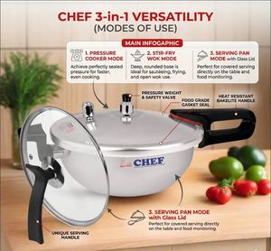 CHEF Best <b>5</b>-Liter Aluminum <b>Pressure</b> <b>Cooker</b> Karahi 3-in-1 New Modern Design Gas Cookware for Home Cooking - Product Image 2