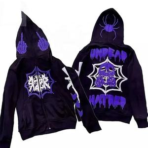Sweat-shirt à capuche zippé Y2K personnalisé, style streetwear, motif toile d'araignée gothique, squelette, coupe oversize, pour homme, en molleton épais, style punk - Product Image 5