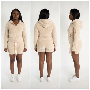 Conjunto de 2 piezas para mujer, conjunto informal de sudadera con capucha y cremallera y pantalones cortos con cordón - Product Image 5