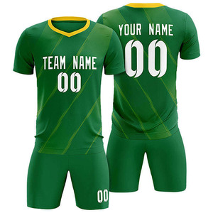 Conjunto de Uniforme de Fútbol Personalizado por Sublimación, Color Verde, Cuello en V, Diseño de Ondas Dinámicas, Uniforme de Fútbol para Hombre, Secado Rápido - Product Image 1