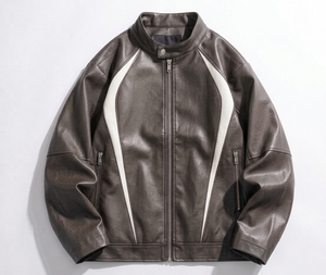 Blouson Moto Homme en Cuir PU Color Block Col Montant Entièrement Zippé Décontracté Style Motard Vente en Gros - Product Image 4