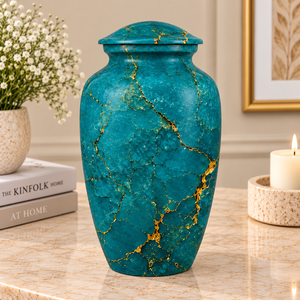 Aqua <b>Stone</b> Effect Metal Cremation Urn with Gold Vein Finish <b>Memorial</b> Ashes Funeral Keepsake Tribute Holder - Product Image 1