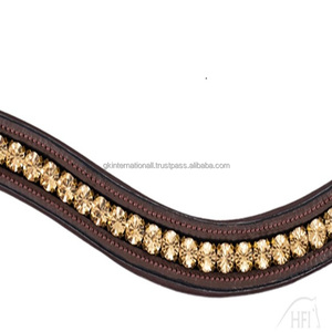 Banda de cejas de caballo de cuero Premium marrón decorada con cristales florales dorados banda de cejas de cadena mega Bling para brida - Product Image 2