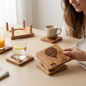 Wooden Square <b>Coaster</b> Set With Hot Air Balloon Design Bohemian Handmade Mats & Pads - Product Image 3