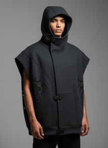 Gilet sans manches à capuche en néoprène pour homme, motif géométrique gaufré, coupe-vent, doublure polaire, pull d'hiver - Product Image 1