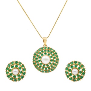 Gold Plated Brass Blue Sapphire Pendant Set Traditional Bridal Wedding <b>Necklace</b> and Earring Sets <b>Statement</b> Jewelry Gift - Product Image 1