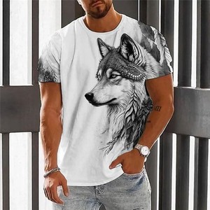 T-shirt pour homme blanc avec logo frontal imprimé loup, respirant, manches courtes, col rond, jersey décontracté en coton, coupe classique - Product Image 1