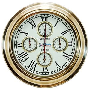 Nautical <b>Vintage</b> Brass World Time Wall <b>Clock</b> Polish 5 Time Zones Roman Numerals Quartz Movement Handmade for Home Office Decor - Product Image 1