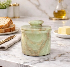 Pot rond en onyx vert sculpté à la main avec couvercle, boîte à beurre avec poignée pour la décoration de la maison - Product Image 4