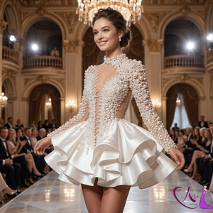 Luxury Pearl Embellished Short Wedding Dress Designer | Bridal <b>Mini</b> Gown Elegant Party Wear High End Fashion Dress for Women - Product Image 3