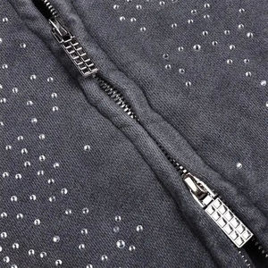 <b>Mens</b> Rhinestone Hoodie Zip Up Oversized Streetwear <b>Fleece</b> Sweatshirt <b>Mens</b> <b>Grey</b> Studded Zip Hoodie Crystal Embellished Streetwear - Product Image 6
