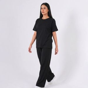 <b>Women</b> <b>Black</b> Two Piece Lounge Set Short Sleeve Top Matching Wide Leg Pants Casual Comfortable Homewear Custom OEM Apparel - Product Image 4