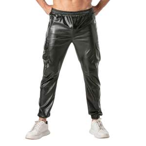 Pantalon de survêtement cargo Kinky pour homme, noir, en cuir, coupe slim, poches utilitaires, imperméable, avec cordon de serrage et taille élastique - Product Image 5
