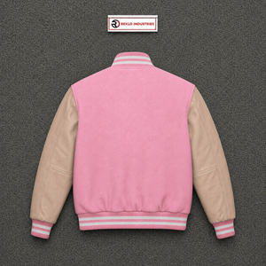 Chaqueta Varsity Premium de Lana Rosa con Mangas de Cuero Beige, Chaqueta Bomber de Béisbol Personalizada con Letras, para Hombre y Mujer, Venta al Por Mayor - Product Image 6