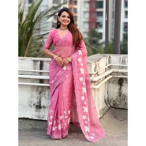 Sari de Seda Pura Chanda Kora para Mujer de Elite Weaves, Largo, con Bordado Floral, Apliques y Ribete de Bordado a Mano - Product Image 6