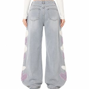 Jeans de mezclilla de cintura alta con parche de corazón estilo hip hop para mujer, holgados, de pierna ancha, elegantes, cómodos, modernos, transpirables, vintage, 100% - Product Image 4