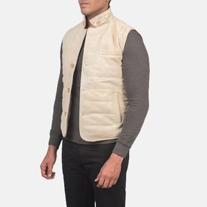 Chaleco Acolchado Beige para Hombre, Cuello Camisero, Cierre de Botón, Cortavientos, Ropa de Invierno Informal, Color Sólido, Relleno de Poliéster - Product Image 3