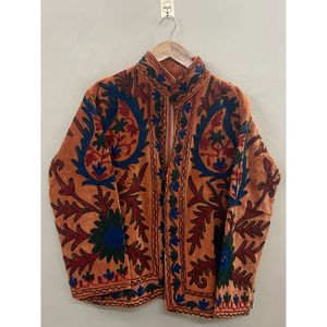 Hand Embroidered Velvet Knitted Cotton <b>Jacket</b> <b>Women</b> Mandarin Collar Full Sleeve Floral Pattern Open Front Prairie Winter/<b>Spring</b> - Product Image 1