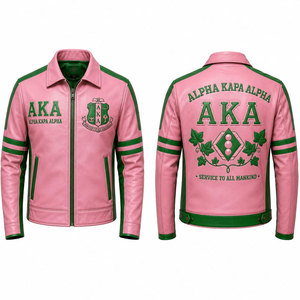 Chaqueta Bomber de Cuero Rosa Bordada Alpha Kappa Alpha AKA para Hombre, Cuello Camisero, Cierre de Cremallera, Estilo Moto - Product Image 1