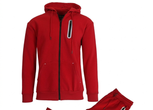 <b>Men</b> Autumn Casual Tracksuit Solid Color Full Sleeve Hooded Zipper Two Piece Set Red Polyester Breathable Regular Fit - Product Image 3