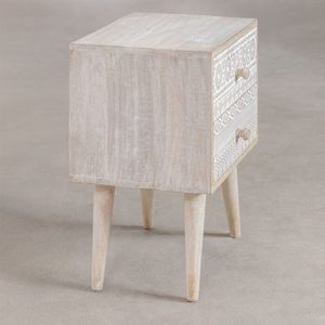 Mesa de Noche de Madera Hecha a Mano Estilo Mid-Century Moderno con 2 Cajones con Patrones y Patas Elevables, Mesa Auxiliar para Dormitorio, Muebles para el Hogar, Rajasthan - Product Image 3